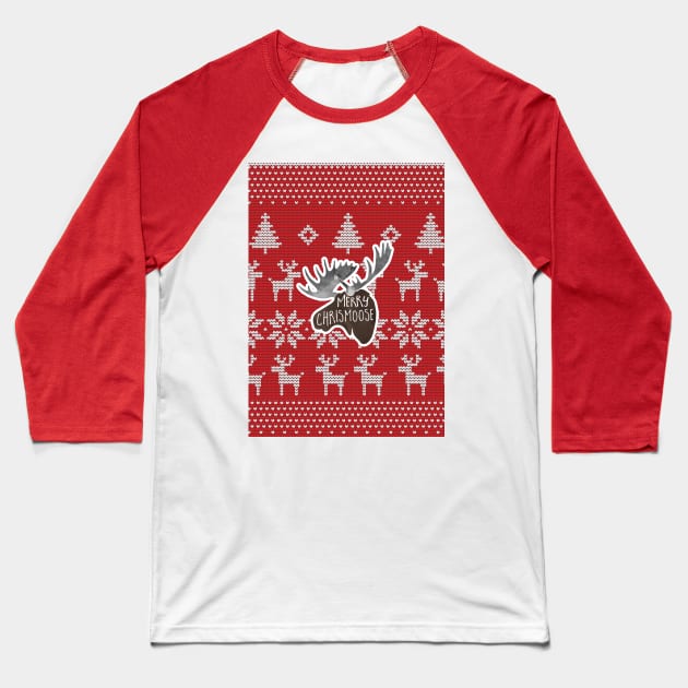 Merry ChrisMOOSE! A Christmas design of a moose atop a Christmas sweater background with a funny phrase Baseball T-Shirt by HiTechMomDotCom